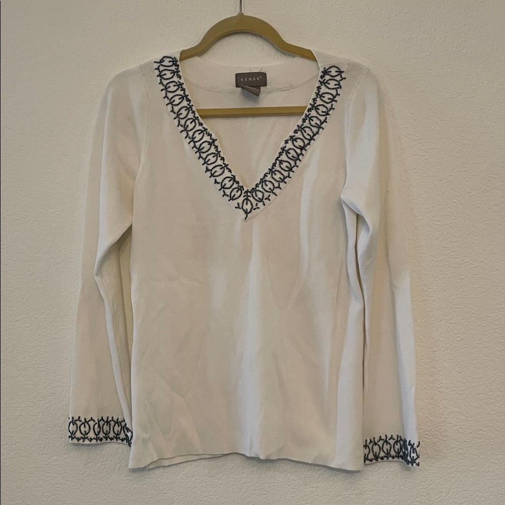 Kenar White Long Sleeve Sweater with Metallic Blue Pattern Beading
